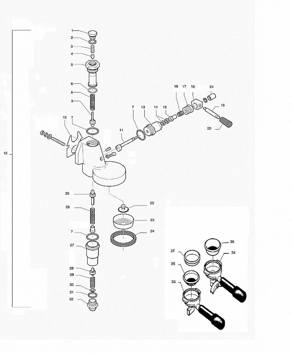 Quick Mill traditional E61 group exploded reference with 37 numbered positions